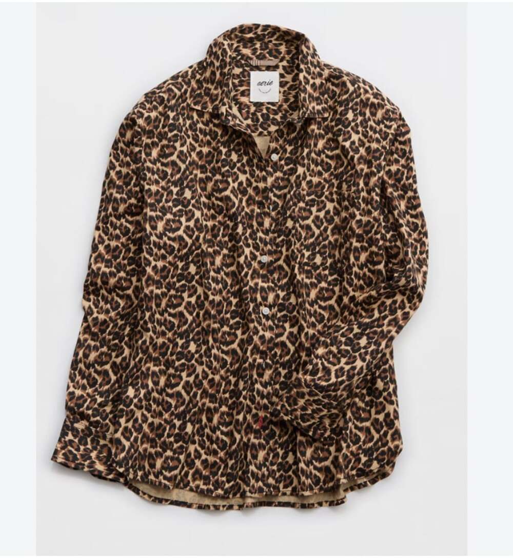 Aerie Top Womens Small Brown Leopard Print Button Long Sleeve Shirt